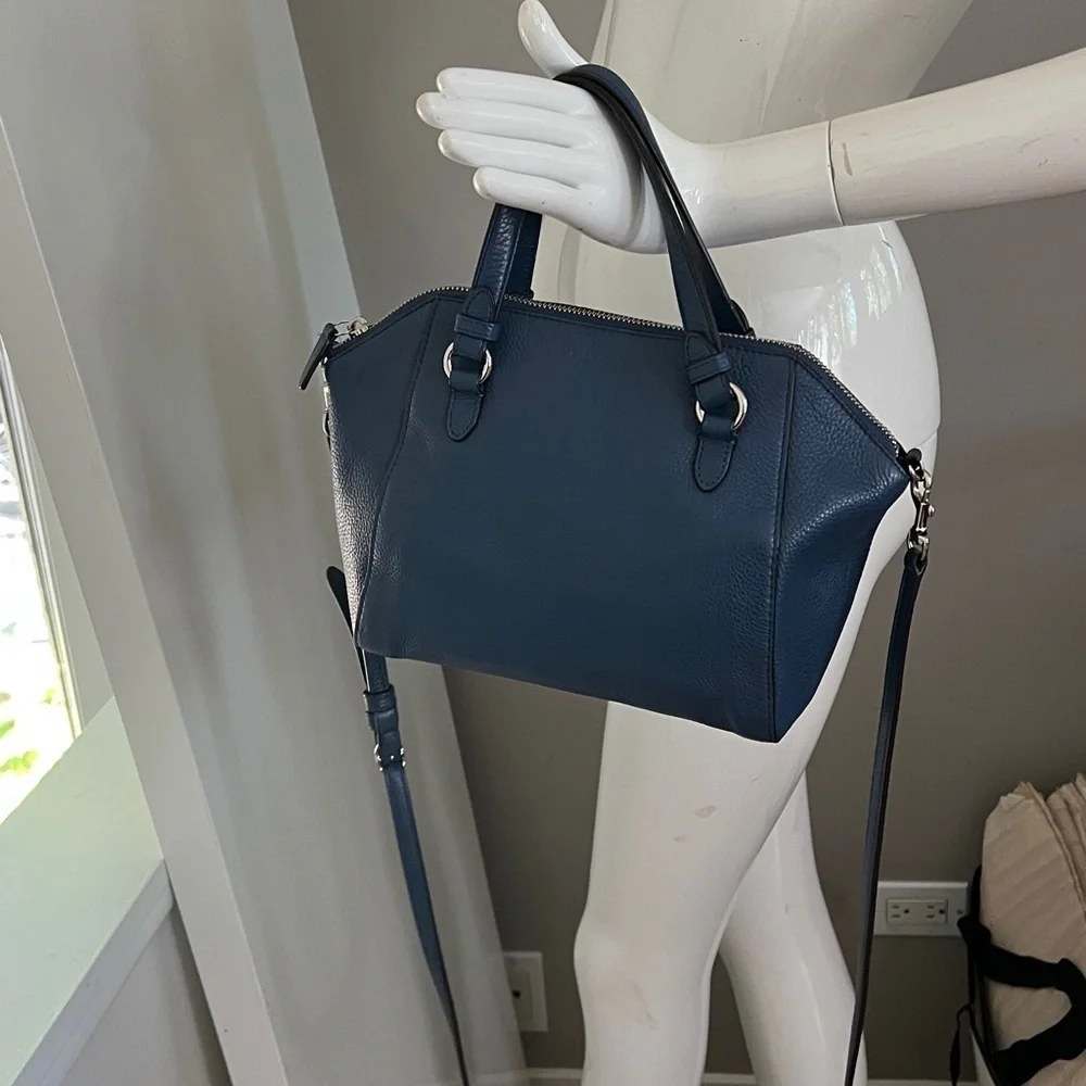 Coach Blue Pebbled Leather Two Way Crossbody Double Handle Zip Top Satchel Bag